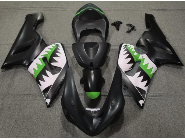 Outlet 2005-2006 Kawasaki ZX6R Motorcycle Fairings - Matte Black and Green Shark Outlet 2005-2006 Kawasaki ZX6R Motorcycle Fairings - Matte Black and Green Shark