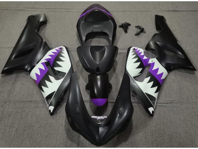 Outlet 2005-2006 Kawasaki ZX6R Motorcycle Fairings - Matte Black and Purple Shark Outlet 2005-2006 Kawasaki ZX6R Motorcycle Fairings - Matte Black and Purple Shark