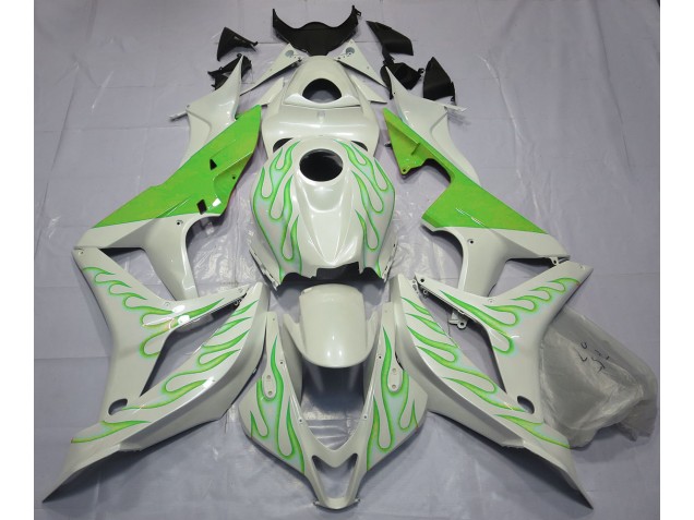 Outlet 2007-2008 Honda CBR600RR Motorcycle Fairings - Lime Green Flame on White Outlet 2007-2008 Honda CBR600RR Motorcycle Fairings - Lime Green Flame on White