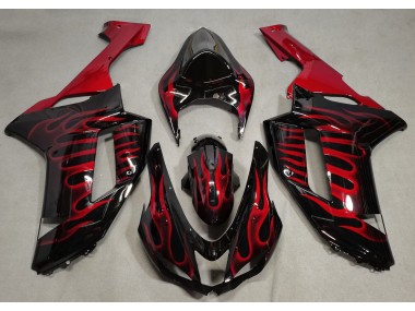 Outlet 2007-2008 Kawasaki ZX6R Motorcycle Fairings - Gloss Black & Red Flame