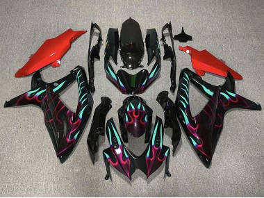 Outlet 2008-2010 Suzuki GSXR 600-750 Motorcycle Fairings - Red and Cyan Flame